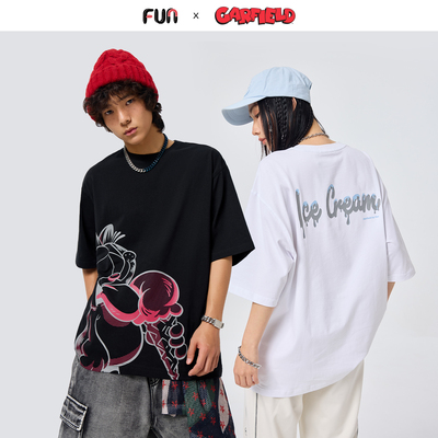 Fun潮牌短袖t恤2026夏季新款加菲猫联名卡通印花情侣休闲圆领上衣