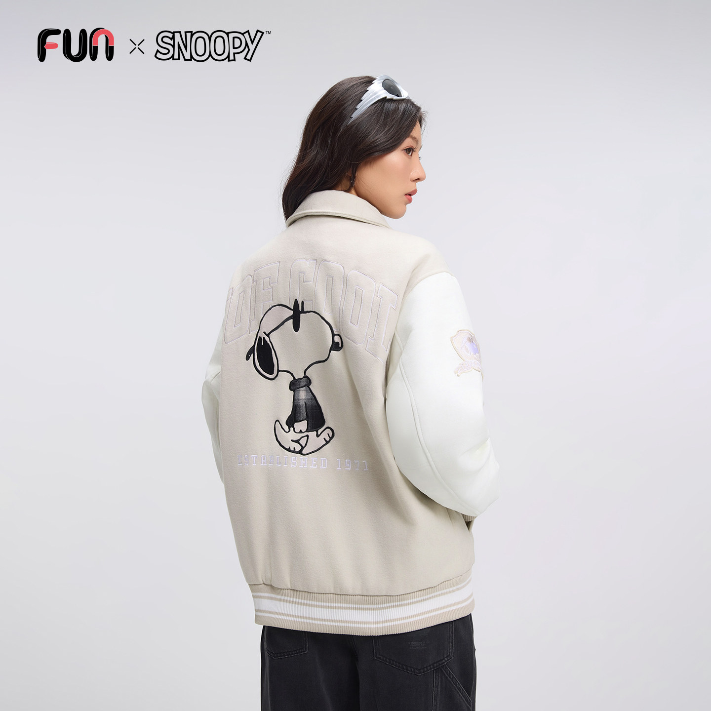 Fun2025秋冬季史努比联名棉服夹克呢料拼接加厚外套