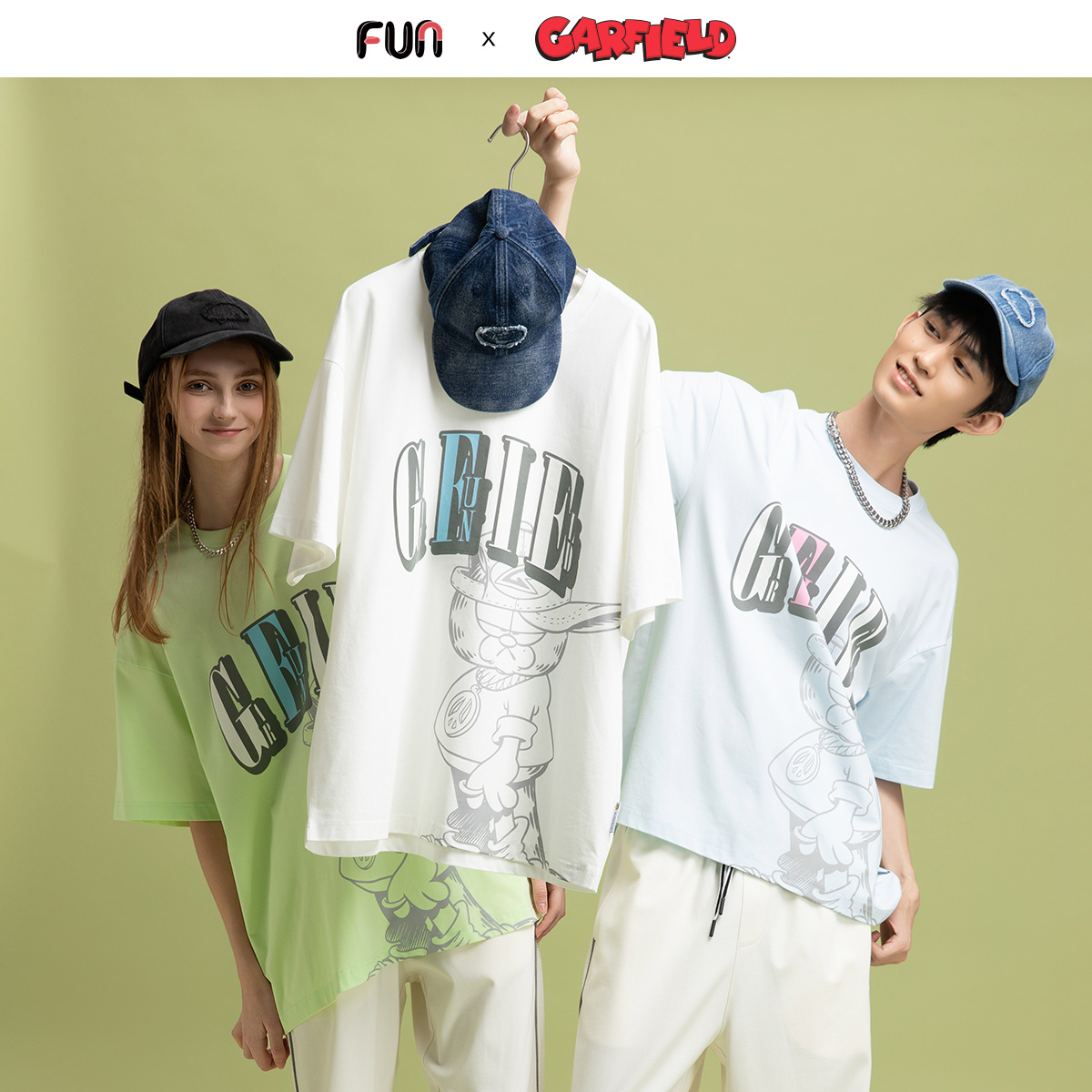 Fun2025春夏线下商场同款加菲猫联名宽松T恤前胸卡通图案短袖男