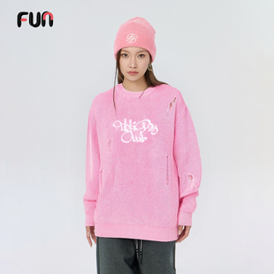 FUN潮牌粉色圆领破洞针织衫女宽松休闲百搭毛衣长袖街头女装