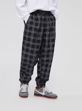 Fun潮牌秋冬牛仔长裤松紧脚口百搭加菲猫潮流格子经典款时尚宽松