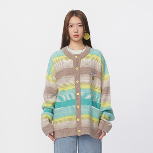 Fun美式复古风薄荷绿撞色条纹针织开衫女宽松毛衣外套
