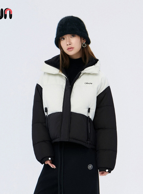 Fun2025冬季新款保暖女白鸭绒面包服外套潮牌泡芙拼色短款羽绒服