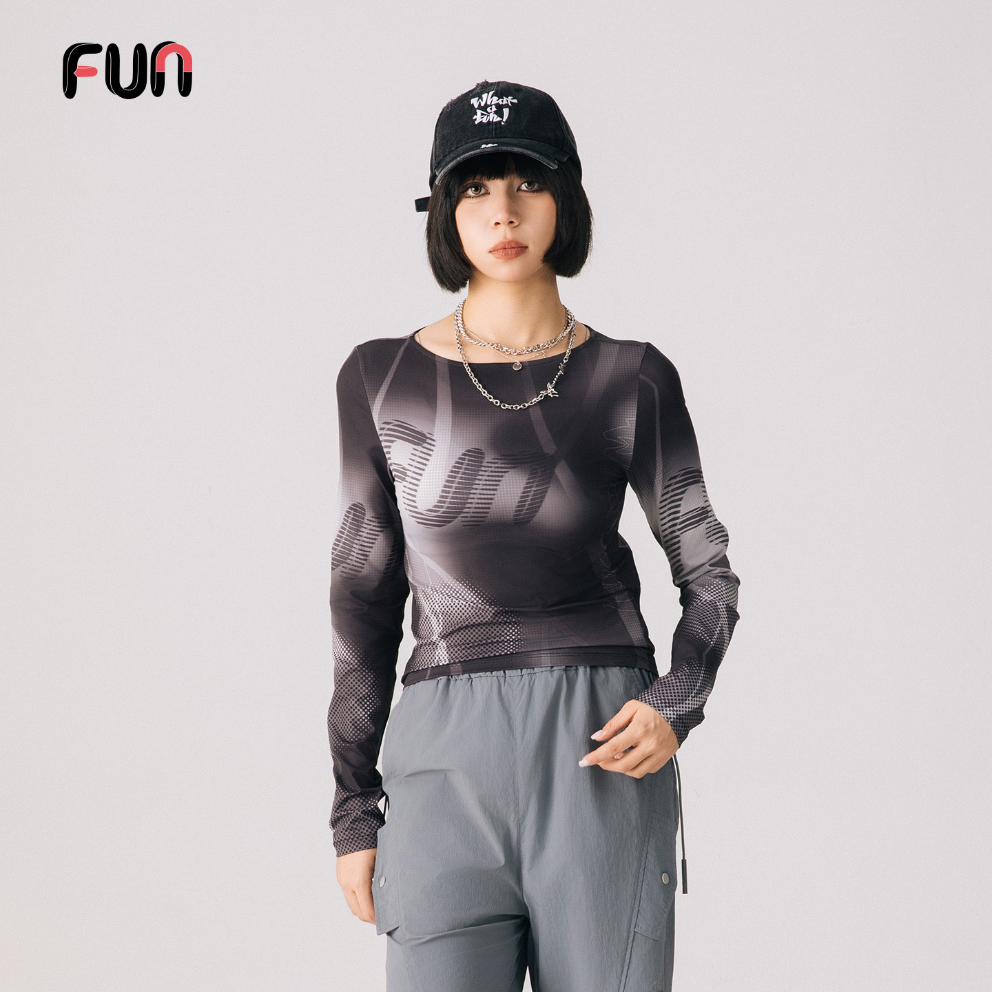 Fun2025秋季商场同款修身弹力长袖打底衫原创解构扎染图案T恤衫