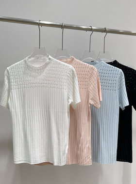 一起夏上新法式优雅小女人镂空烫钻修身冰丝小衫(只卖小衫)30295