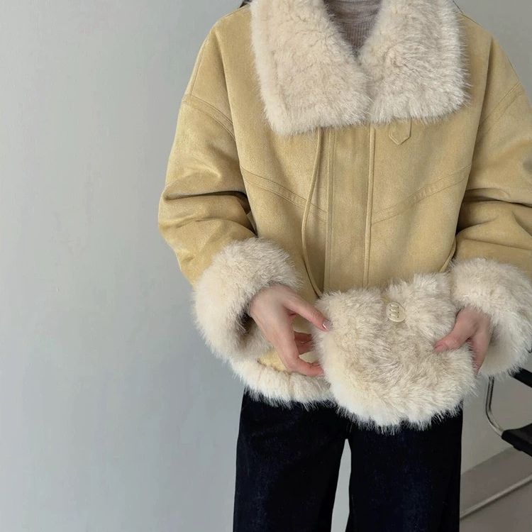 一起家ller～韩版宽松显瘦百搭皮毛短外套(配包包)(加绒加厚)MM2