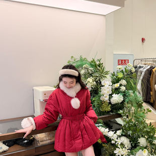 一起麂皮绒保暖羽绒服外套(配可拆卸真狐狸毛毛领,腰带)A3921-1