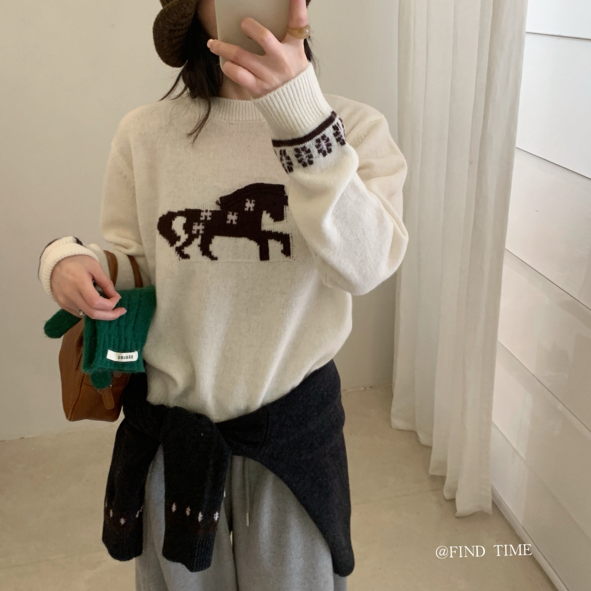 一起设计体小马提花圆领套头加厚保暖毛衣（含100绵羊毛）L61171