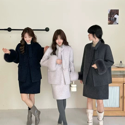 一起外套+连衣裙套装(配可拆卸真狐狸毛袖口)(含65绵羊毛)B3845