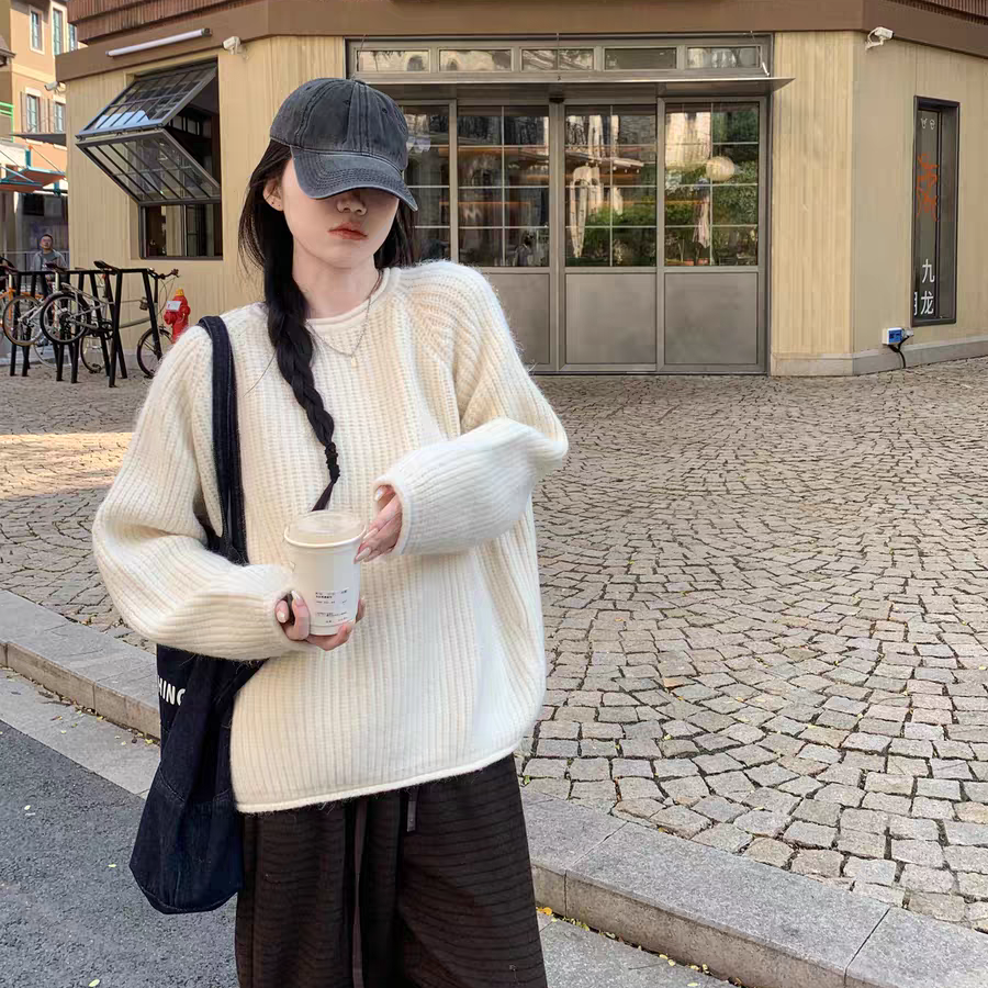 一起小众设计卷边软糯慵懒风设计感宽松毛衣L-62MD2899