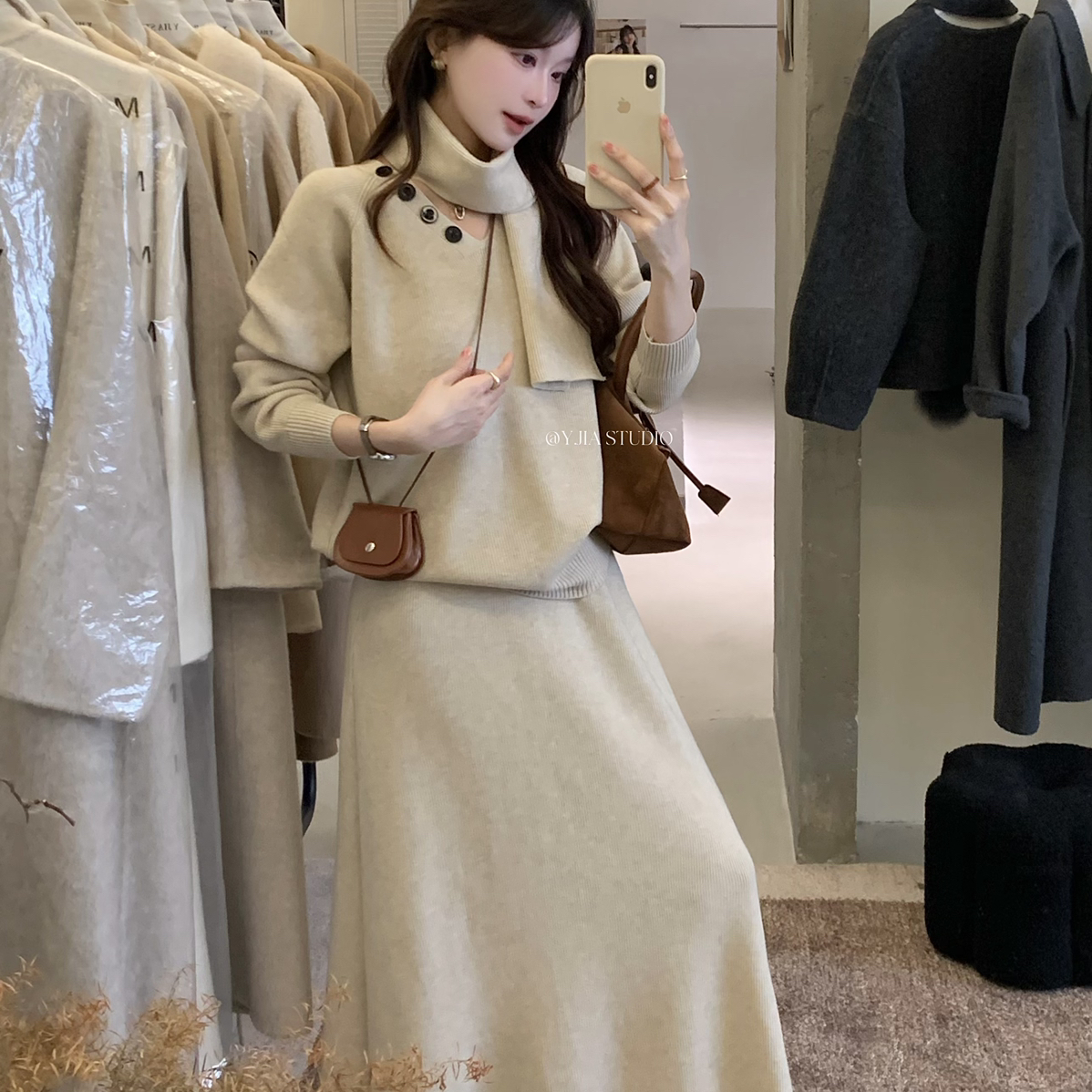 一起设计计感围脖针织衫+高腰显瘦半身裙套装(配围巾)1266-55