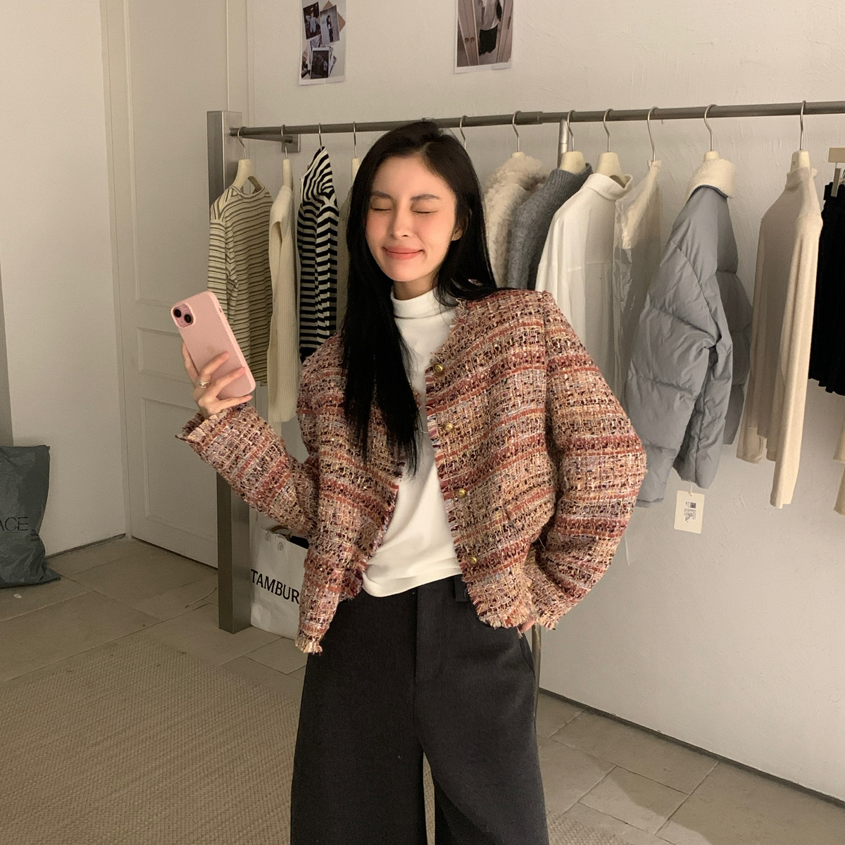 一一起溢彩韩标Camellia｜法式流苏边小香风宽松充绒短外套C2216#