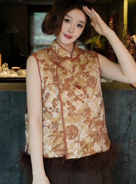 一起小众设计早春精选复古金棕调马甲(配下摆貉子毛可拆卸)J557