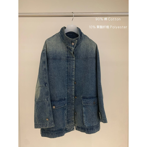 冬上新热卖款重工渐变蓝立领牛仔落肩阔版多口袋工装牛仔外套t775
