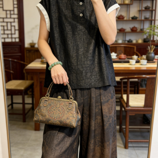 一起26年夏上新复古真丝香云纱龟裂纹撞色小衫 77S301