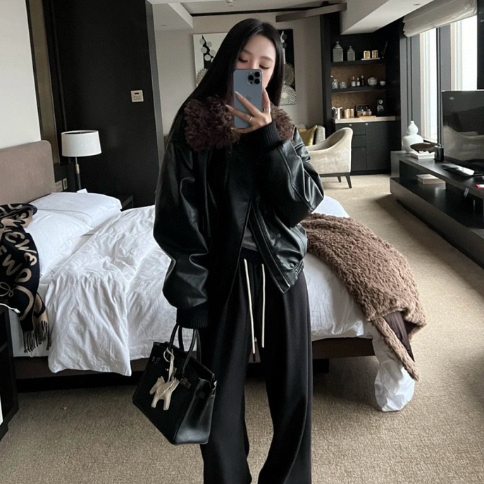 一起冬上新复古时髦设计感拼接人造毛领皮衣PY541