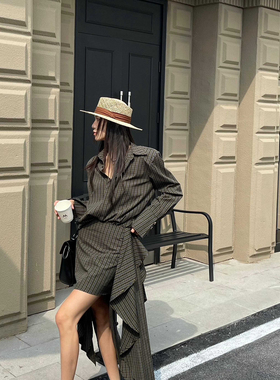 一起经典格子垫肩衬衫+不规则半身裙两件套套装(配领带)V880