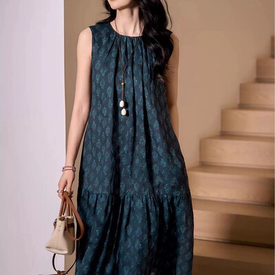 一起起-2026夏上新后背系带无袖苎麻清爽减龄连衣裙YS160-G107