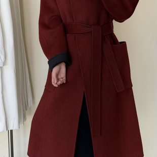 含70绵羊毛y6053 配腰带 一起感宽松百搭立领收腰长款 羊毛外套