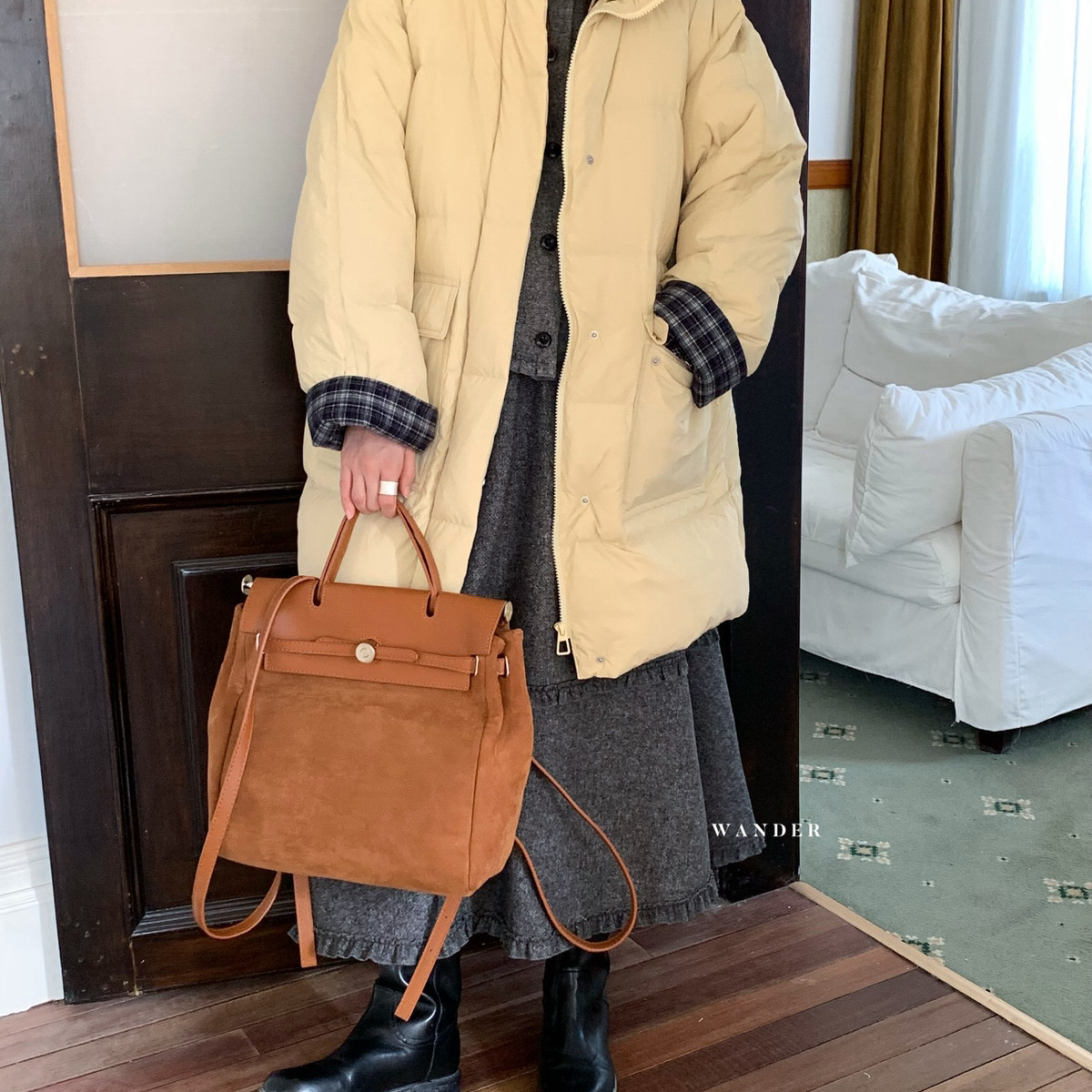 一一起新新国标90白鸭绒袖口拼格中长款羽绒服充绒量250g258826