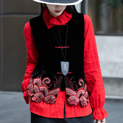 一起新新中式国风盘扣桑蚕丝丝绒万真刺绣马甲马甲YS2-zl-74391