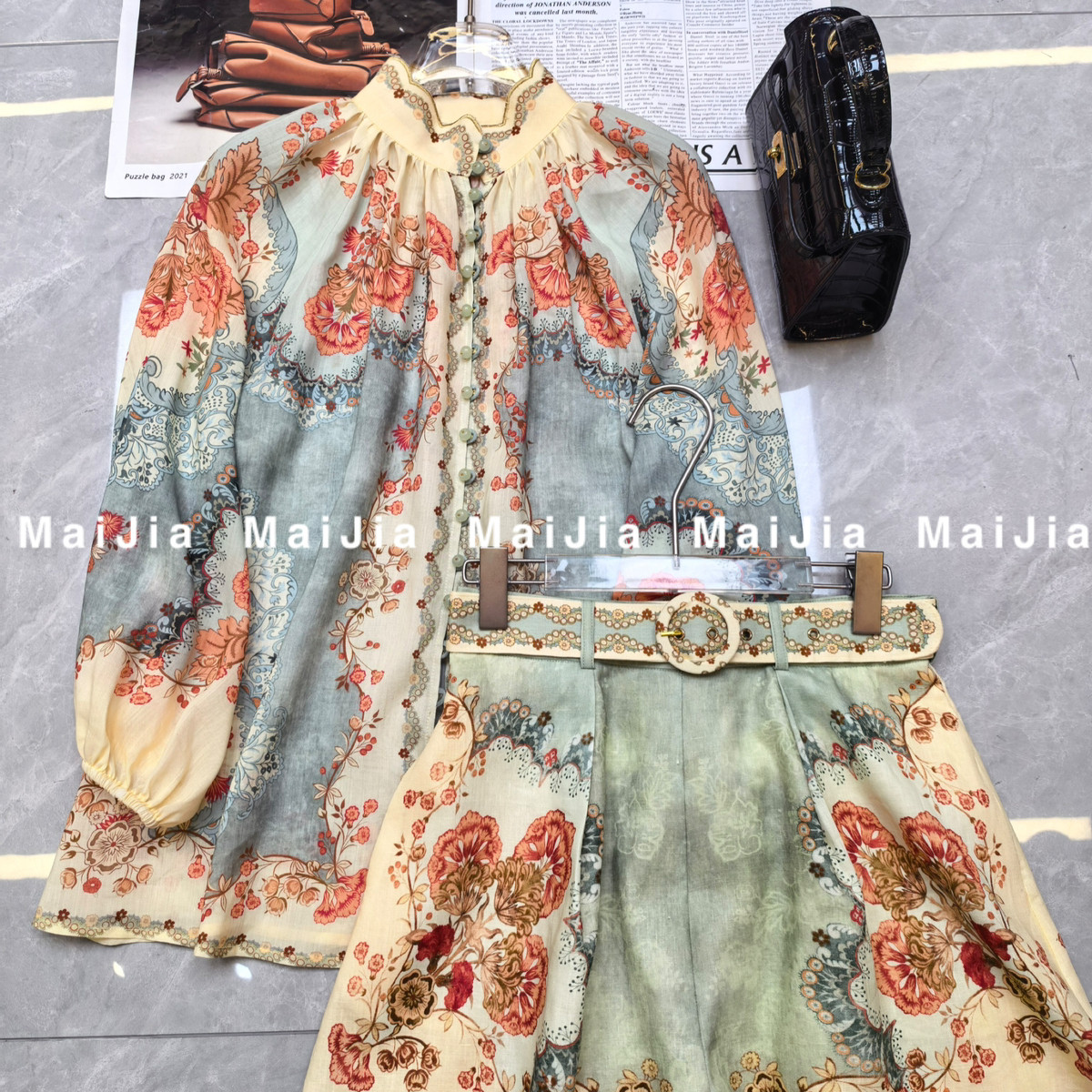 一起起小众一起印花苎麻上衣女+时尚套装