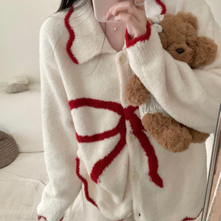 一起设计韩系红白蝴蝶结翻领居家半边绒上衣+裤子睡衣套装HC877
