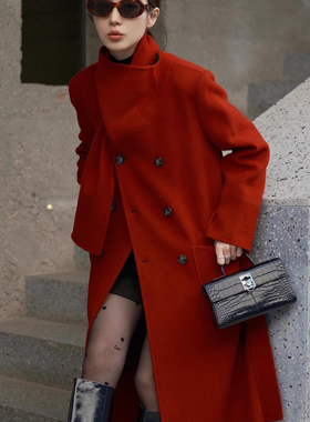 一起优雅一体围巾领双排扣羊毛外套(配腰绳)（含100绵羊毛）15069
