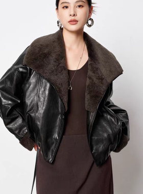 一起皮衣女鹅绒羽绒服皮毛一体领短款保暖羽绒服外套FSAL065M