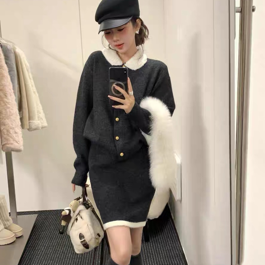 一起设计领拼色两件套针织开衫+半身裙套装（含100绵羊毛）j85111