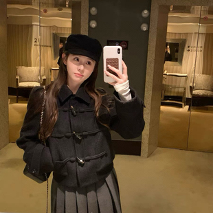 一起冬上新小众设计师潮牌牛角扣翻领夹棉毛呢短外套V575