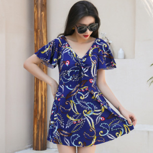 平角保守温泉妈妈中老年泳装 高腰遮肚显瘦短袖 连体泳衣女裙式 大码