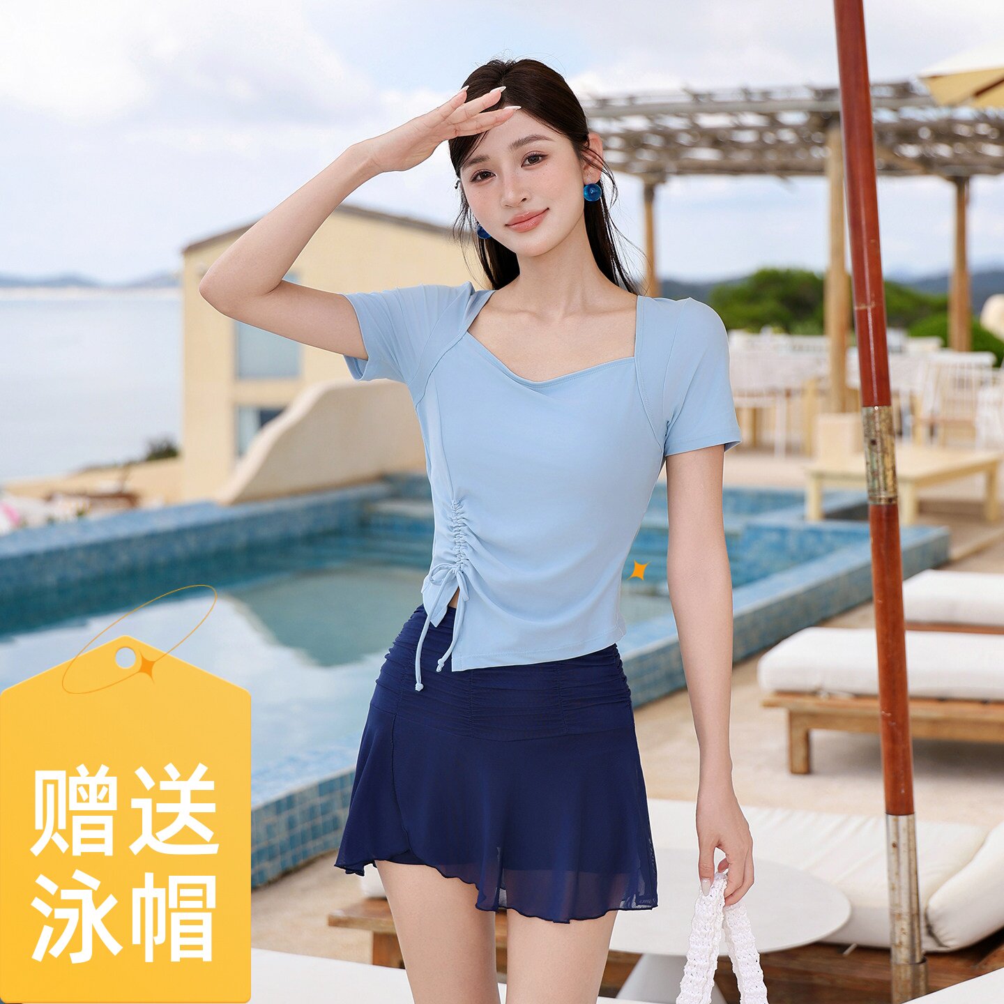 纯色拼接运动泳衣女孩两件套裙式平角裤短袖温泉海边度假学生微胖