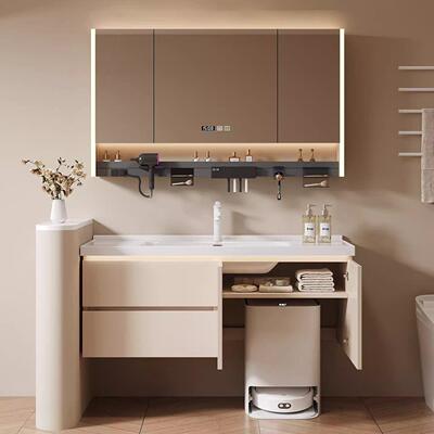 莫顿扫地机器人奶油风智能浴室柜基站卫生间陶瓷一体洗手洗脸盆柜