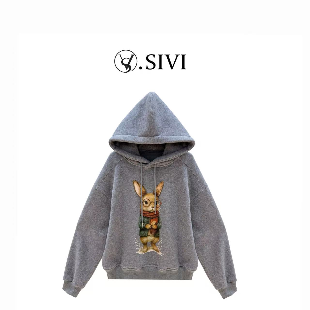 熙薇【兔然可爱】2025冬季新款卡通印花休闲加绒卫衣H6552