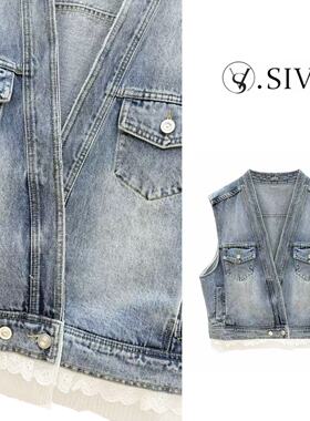 熙薇【精致花卉】2026新款蕾丝边牛仔外套马甲M2042