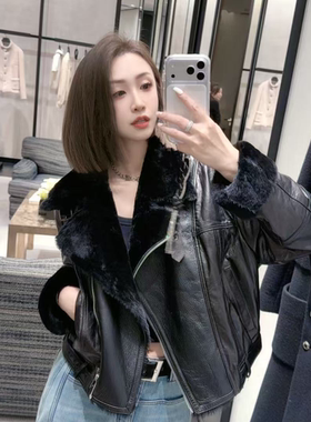 熙薇【黑茶伯爵】2025秋冬新款拉贡皮毛一体鹅羊皮机车外套H6227