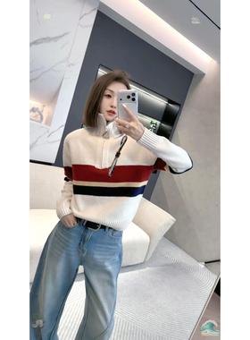 熙薇【暖调几何】2025冬季新款时尚拼色拉链羊毛外套H6379