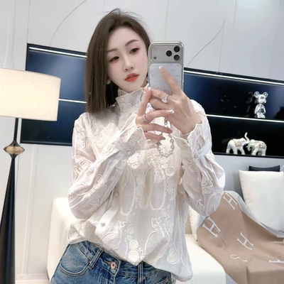 熙薇『花朝绣语』2026新款设计师休闲蕾丝立领衬衣H7293