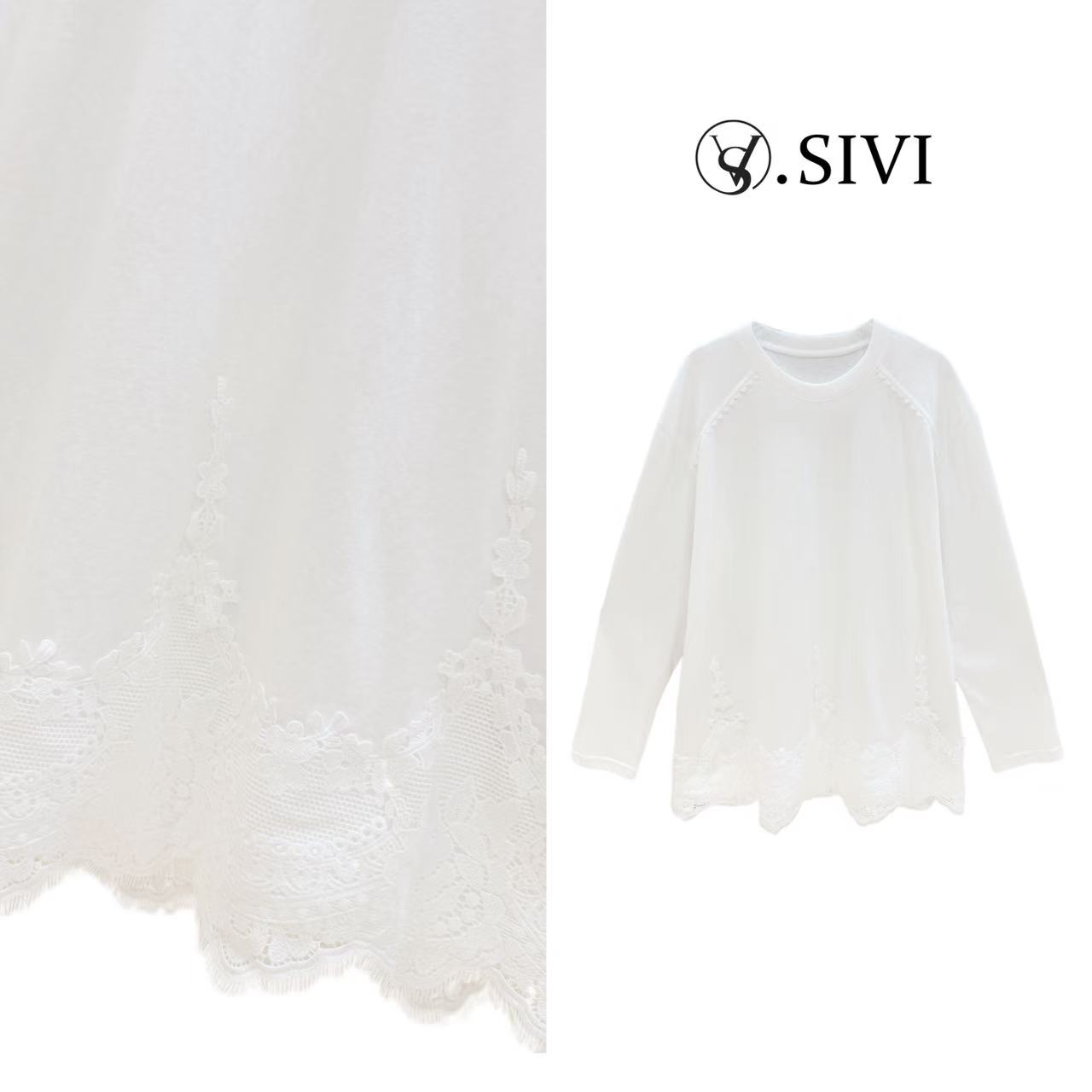 熙薇【空白画布】2025秋季时尚百搭简约轻奢圆领蕾丝边上衣H5850