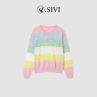 长袖 熙薇 休闲百搭时尚 2026新款 毛衣圆领条纹上衣M2073 彩虹
