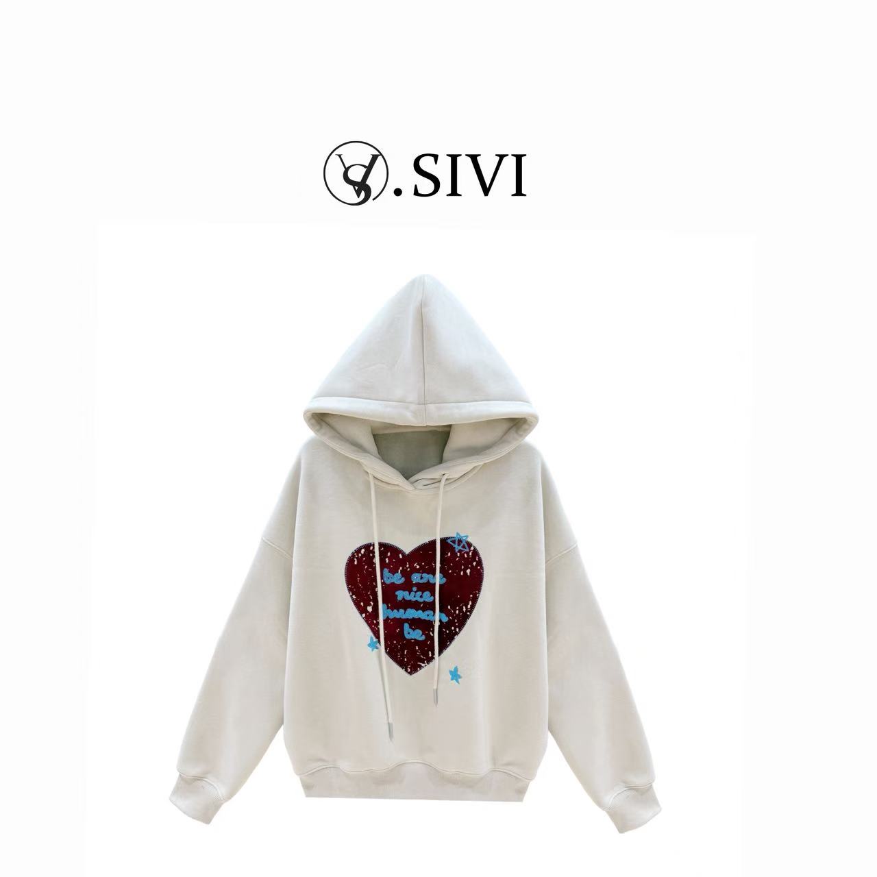 熙薇【星心相映】2025冬季新款时尚百搭爱心图案加绒卫衣H6518