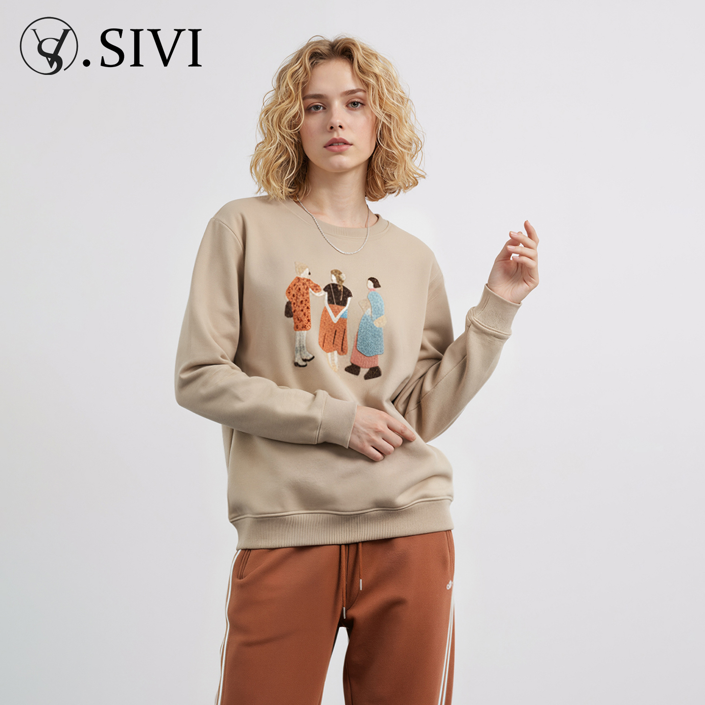 【熙薇SIVI】2025秋冬新款休闲时尚加绒刺绣工艺圆领卫衣H6265