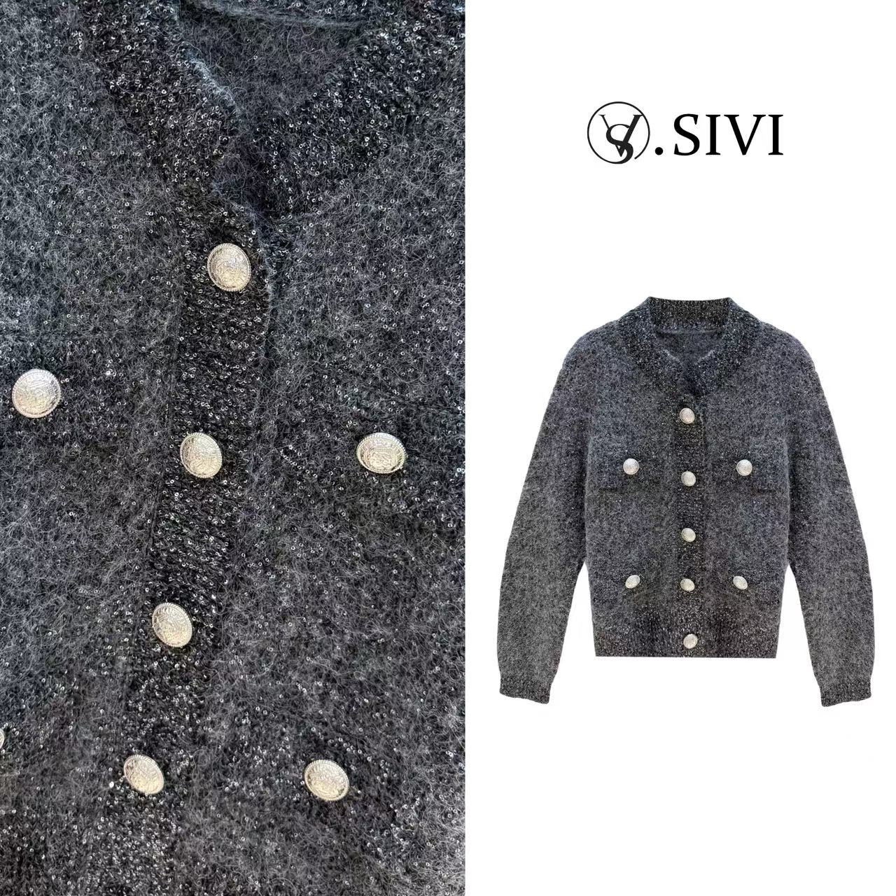 熙薇【星砾纱痕】2025冬季新款时尚珠片纱羊毛衫外套H6519