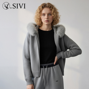 熙薇sivi狐狸毛领毛衣外套女秋冬季 加厚高级感小个子连帽针织开衫