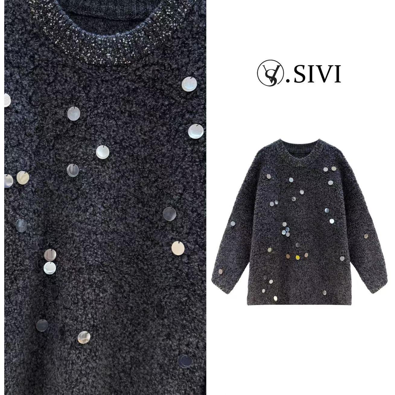 熙薇【碎片絮语】2025冬季手工珠片宽松慵懒大版颗粒羊毛衫H6703