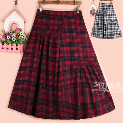 不规则格子毛呢长裙a字半身裙