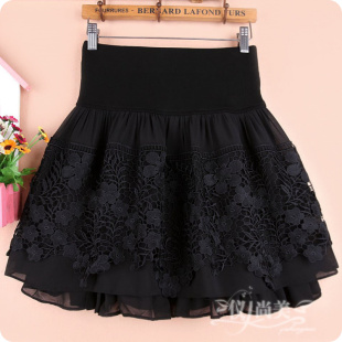 蕾丝短裙女秋冬a字百褶雪纺半身裙蓬蓬裙子大码 高腰黑色打底裙裤