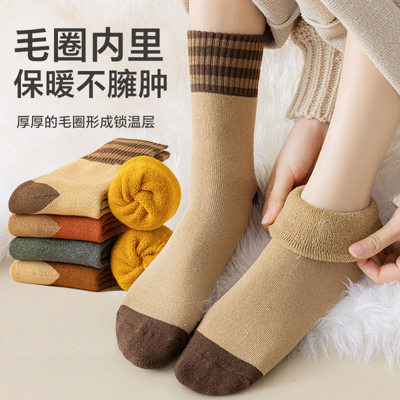 严选毛圈袜女春秋加厚中筒袜三杠运动袜