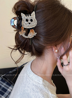萌宠出圈~丝绒可爱小猫抓夹女2025新款鲨鱼夹后脑勺发夹秋日头饰